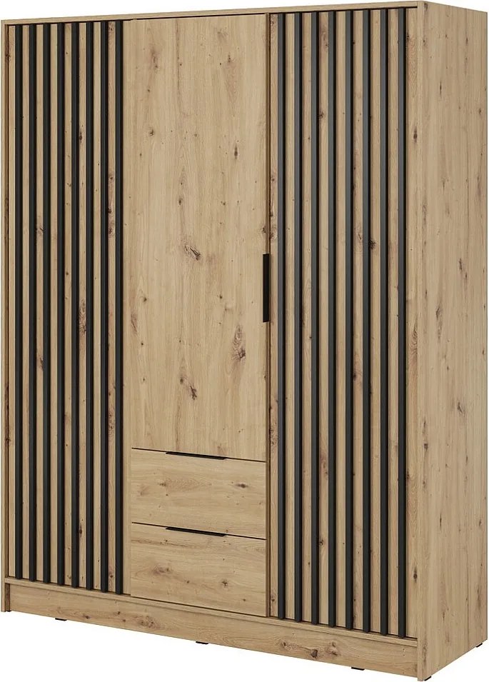 Szafa otwierana 150 cm Fioro - trzydrzwiowa szafa z lamelami, 2 szuflady - dąb Artisan