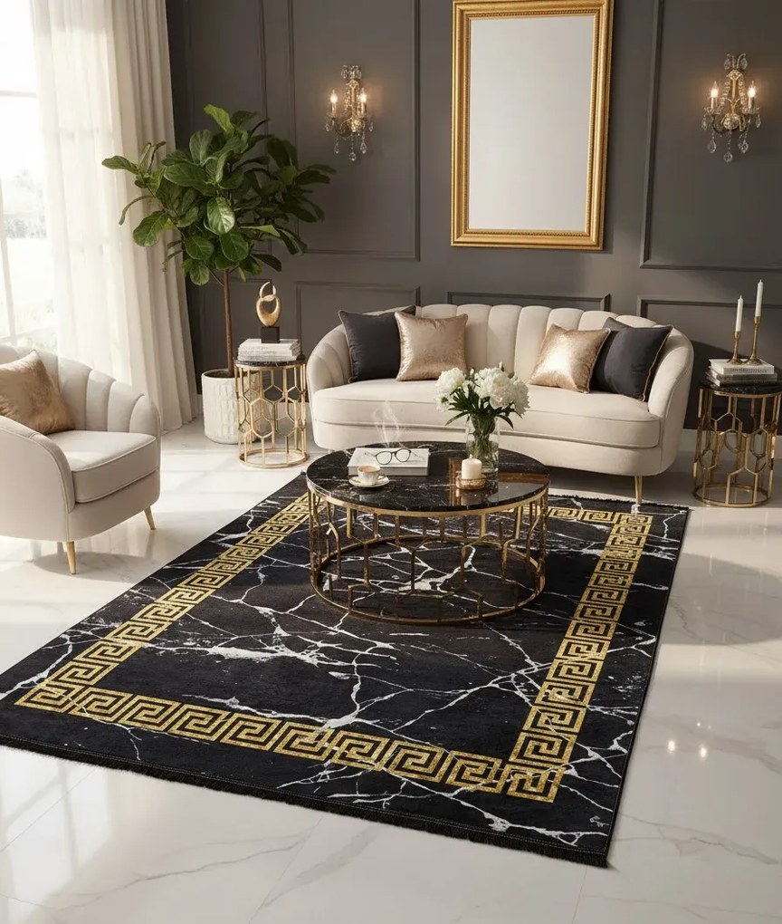 Czarny dywan glamour ze złotą ramką E3-S15