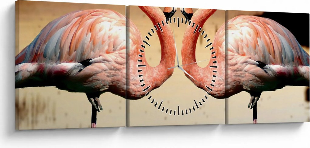 Obraz - dwa flamingi (z zegarem) (90x30 cm)