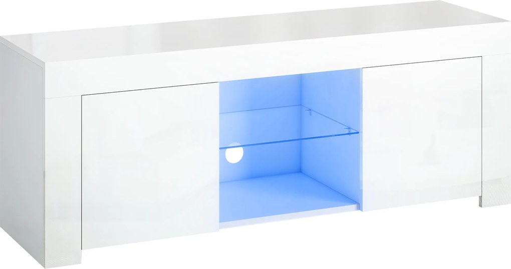 HOMCOM Stolik TV z oświetleniem LED, 2 drzwi szafy, szklana półka, otwory na kable, do salonu, płyta wiórowa, Biały