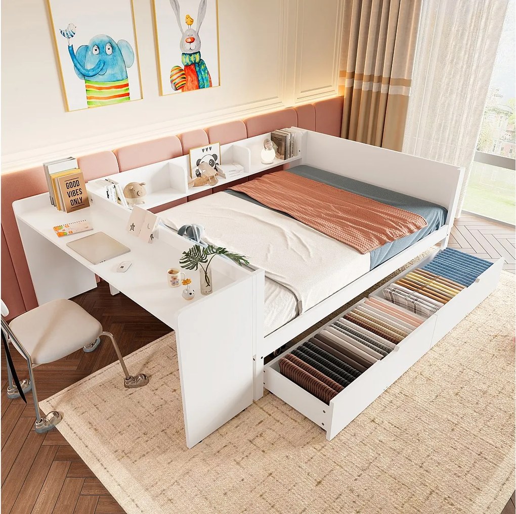 Łóżko dla dorosłych 140 x 200 cm – z 2 szufladami i półkami – biała sosna – materac nie jest wliczony w cenę. Materac wliczony w cenę.