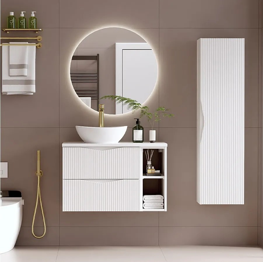 Biały Zestaw do Łazienki 80cm Szafka Regał Blat Umywalka Słupek Ryflowane Fronty Cleo