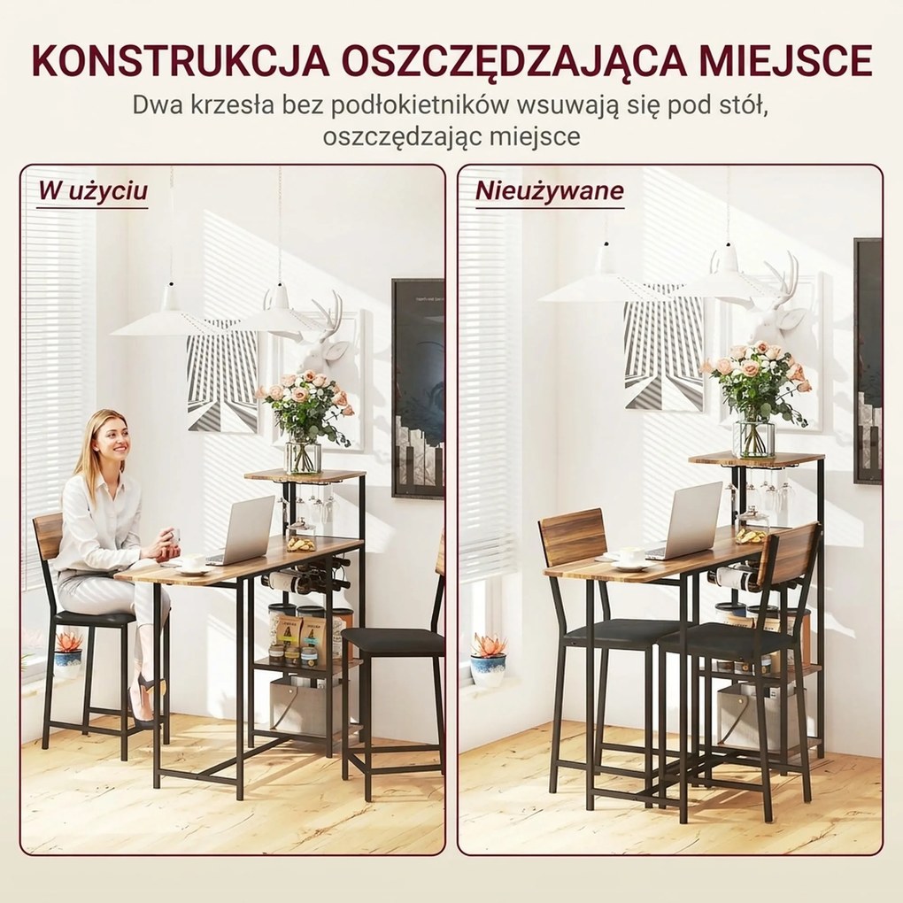 HOMCOM 3-częściowy zestaw stołów barowych, 1 stół, 2 hokery, z regałem na wino, uchwytem na szklanki, otwartymi półkami, podnóżkami, brązowy