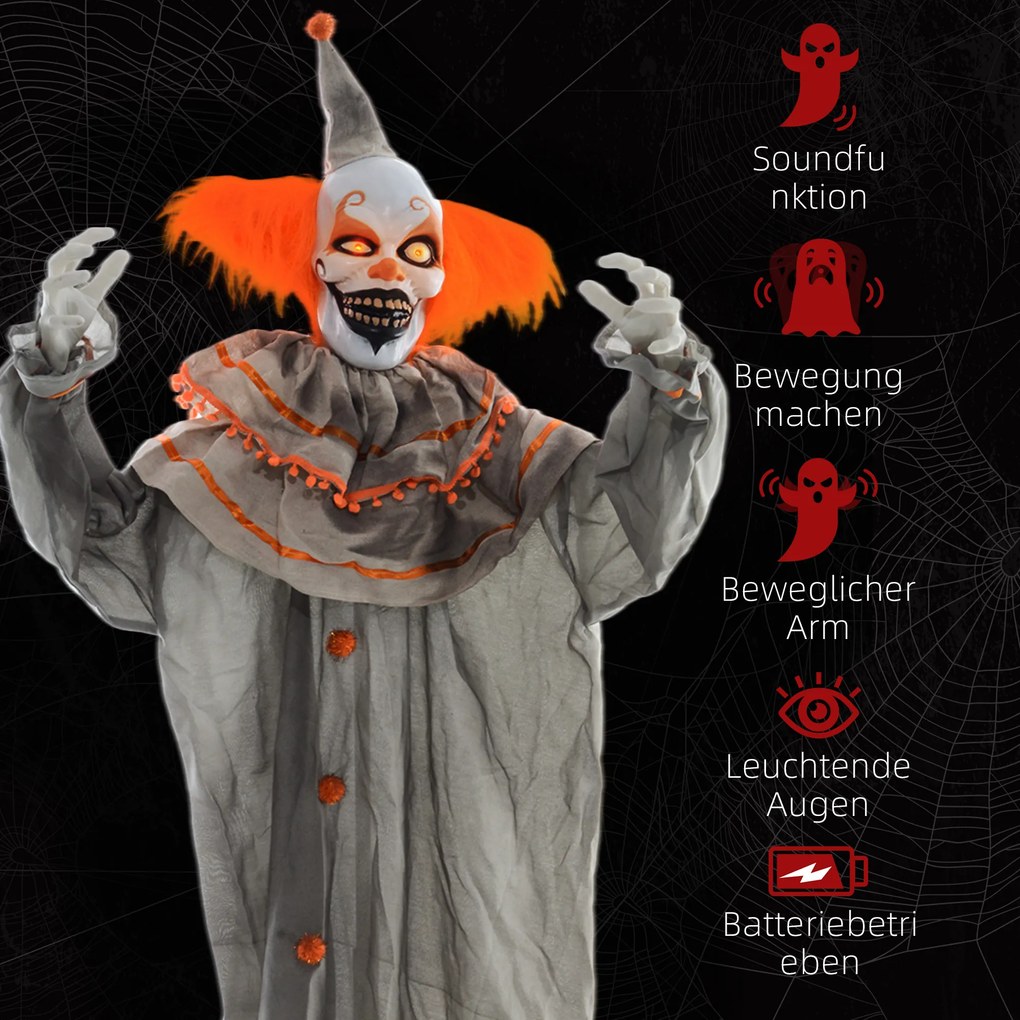HOMCOM Dekoracja Halloween Klaun, giętkie ramiona, aktywacja przez dotyk/dźwięk, świecące oczy