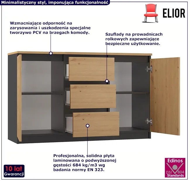Komoda Z Szufladami I Półkami Dąb Artisan + Antracyt K0-W45