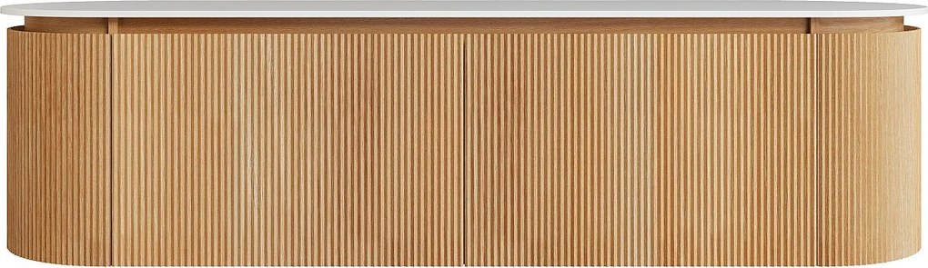 Wisząca szafka podumywalkowa z prążkowanego drewna jesionowego z blatem z matowego spiekanego kamienia – Jasny naturalny - szer. 180 cm - LILIKO