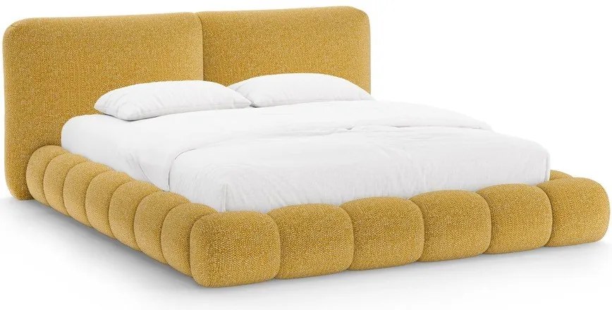 Musztardowe tapicerowane łóżko dwuosobowe ze schowkiem ze stelażem 200x200 cm Solange – Micadoni