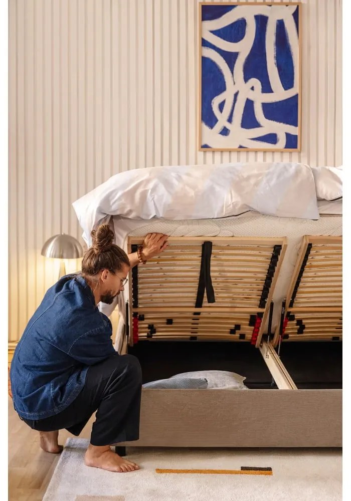Szarobrązowe tapicerowane łóżko dwuosobowe ze schowkiem z materacem i stelażem 180x200 cm Myra Pillow – Bonami Selection