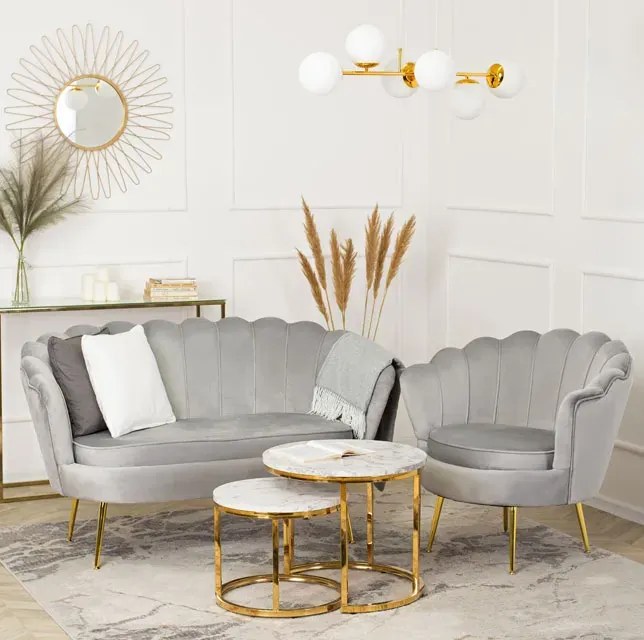 Szara welurowa sofa muszelka glamour - Deos