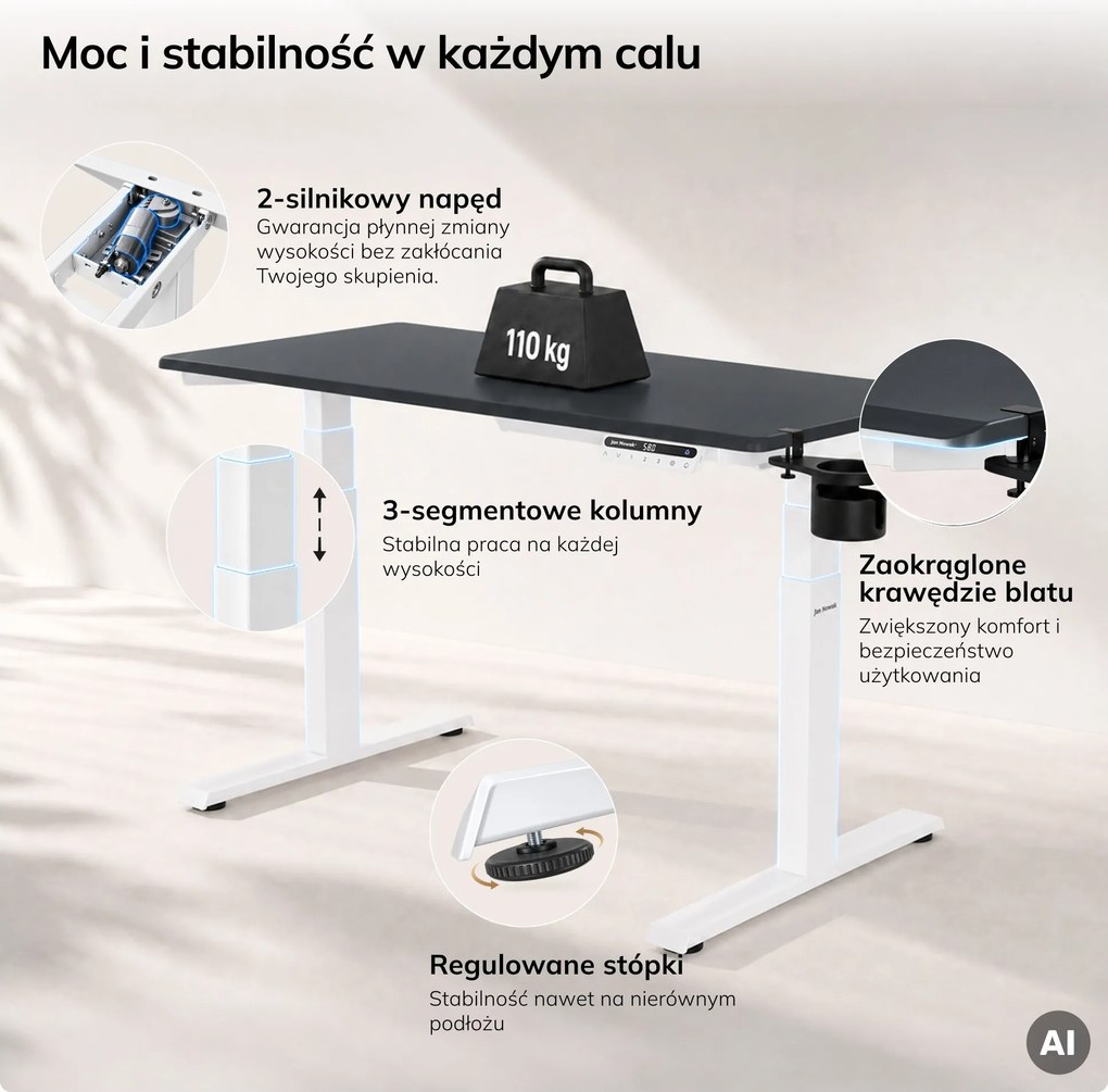 Biurko elektryczne z regulacją wysokości ergonomiczne biało-antracytowe,1200x600 mm: ARIA