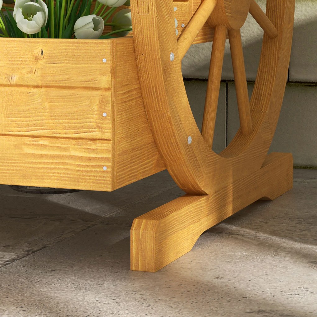 Outsunny Podwyższane grządki z drewna, skrzynki na kwiaty z 3 poziomami, grządka warzywna z dekoracją w kształcie koła wozu, grządka ziołowa z otworami odpływowymi do ogrodu, balkonu, teaku, 61 x 62 x 57 cm