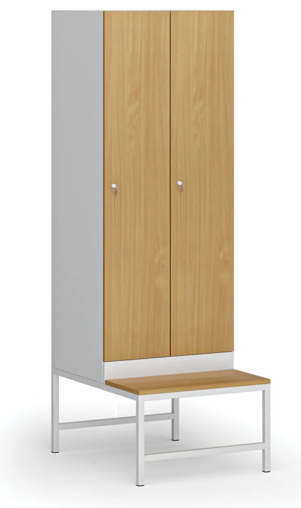 Szafka ubraniowa S1 z ławką, 2-drzwiowa, 1875 x 600 x 500/800 mm, demontaż, zamek cylindryczny, drzwi laminowane, buk