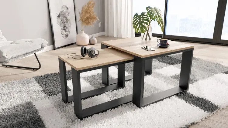 Komplet Dwóch Stolików Kawowych Dąb Sonoma + Czarny E4-T29