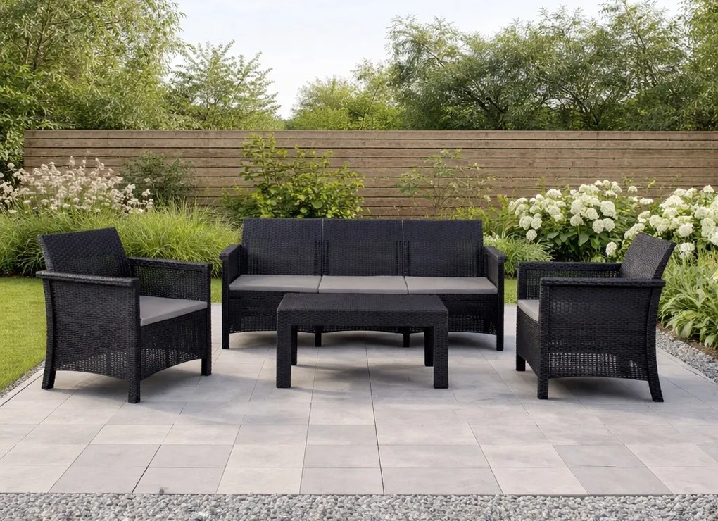 Zestaw mebli ogrodowych Selvo 096 - sofa 3-osobowa, 2 fotele i stolik kawowy, czarny/szary