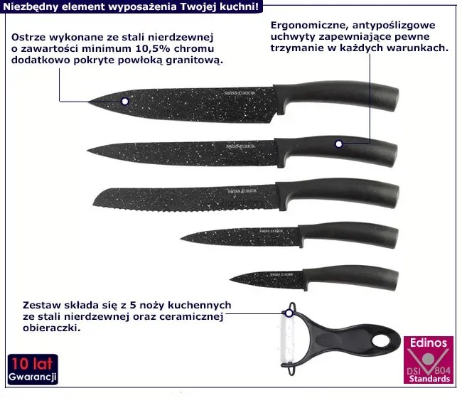Komplet noży z powłoką granitową i ceramiczną obieraczką H1-A84