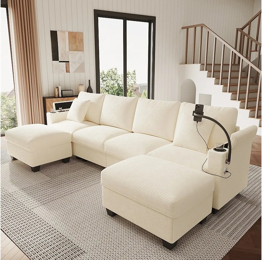 Zestaw wypoczynkowy w kształcie litery U, 4-osobowy - 275,5 x 139 x 87 cm - z podnóżkiem + portem USB + schowkiem - aksamitny - beżowy