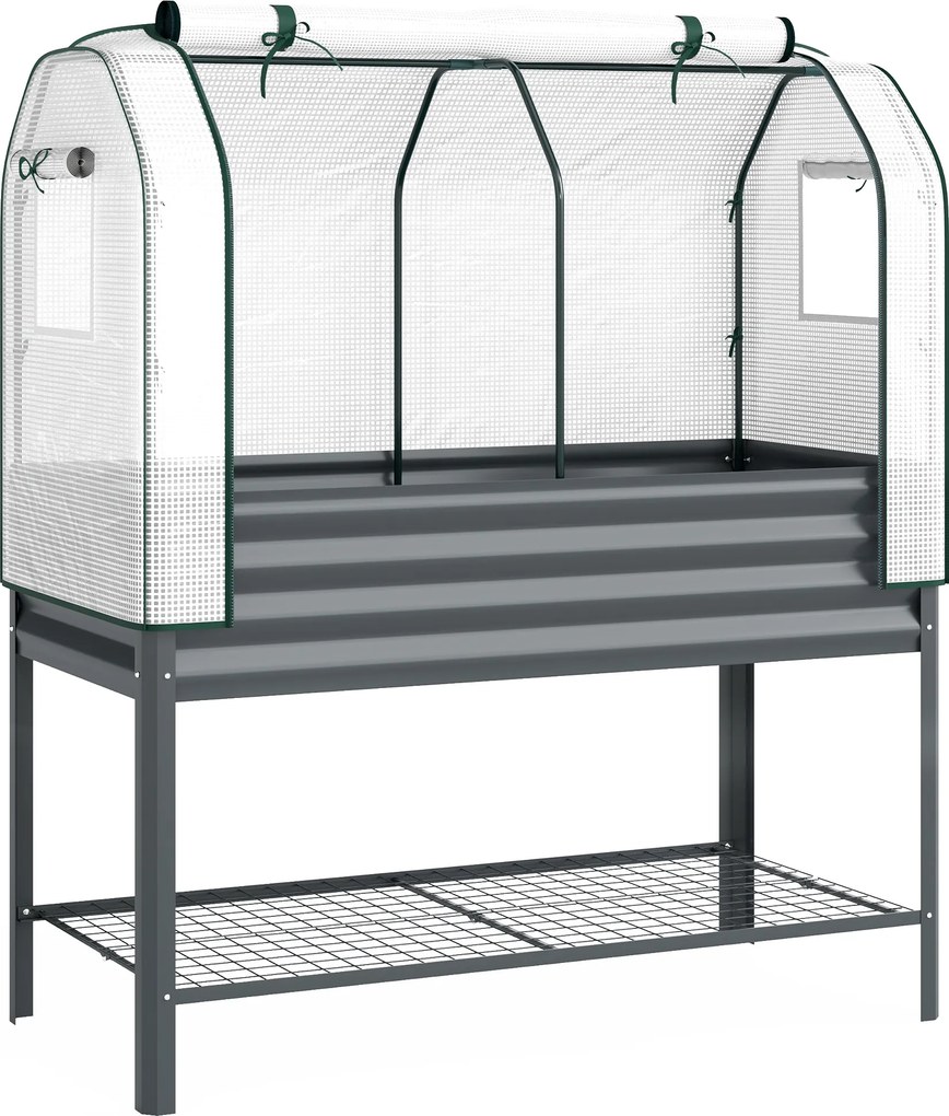 Outsunny Podwyższona grządka z nakładką szklarniową z metalu, skrzynia do sadzenia z półką, podwyższona 120 x 55 x 140 cm | Aosom PL