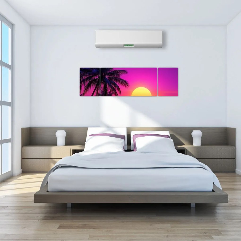 Obraz - Fioletowy zachód słońca z palmą (170x50 cm)
