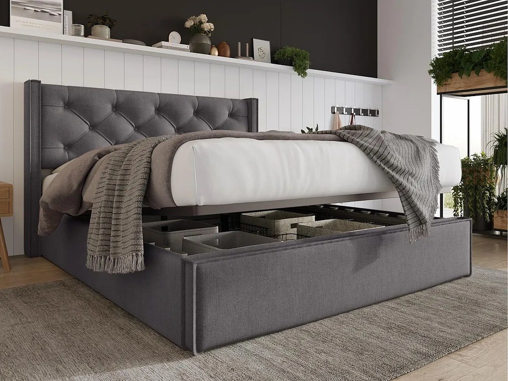 Łóżko tapicerowane 140x200cm z tkaniny bawełnianej - z stelażem na listwach - Szare