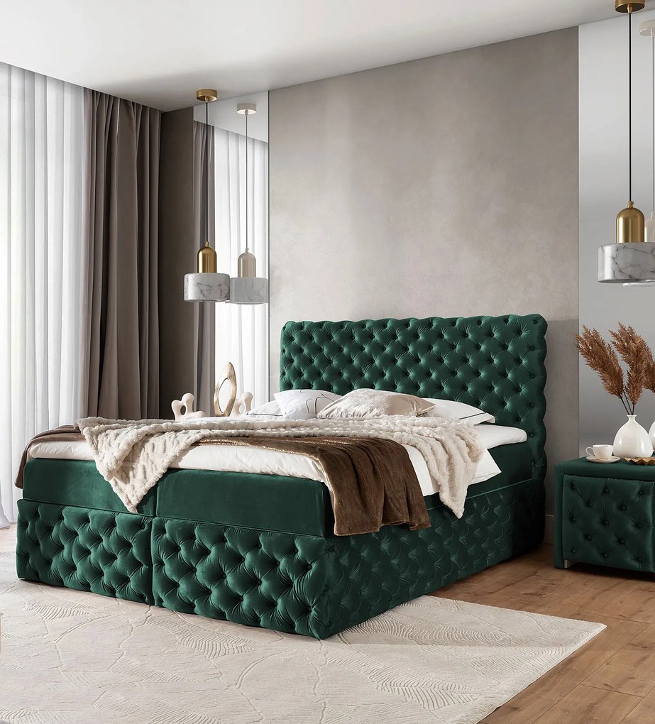 Zielone welurowe łóżko pikowane z pojemnikiem 5 rozmiarów M4-B90