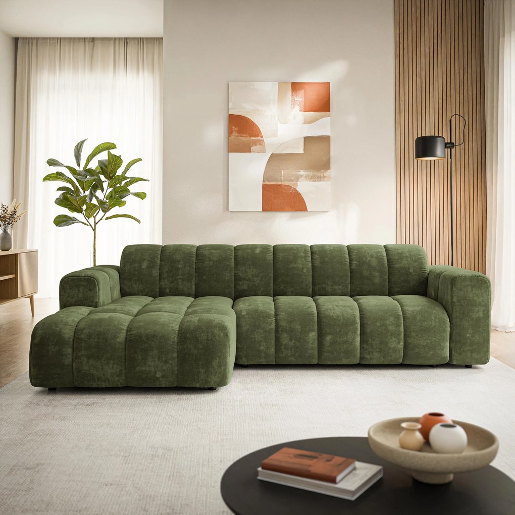 Masseno Narożnik SETIA Lewostronny, L-Kształtny, Nowoczesna Sofa narożna, Tkanina Szenilowa - Zielony, LUMO 20