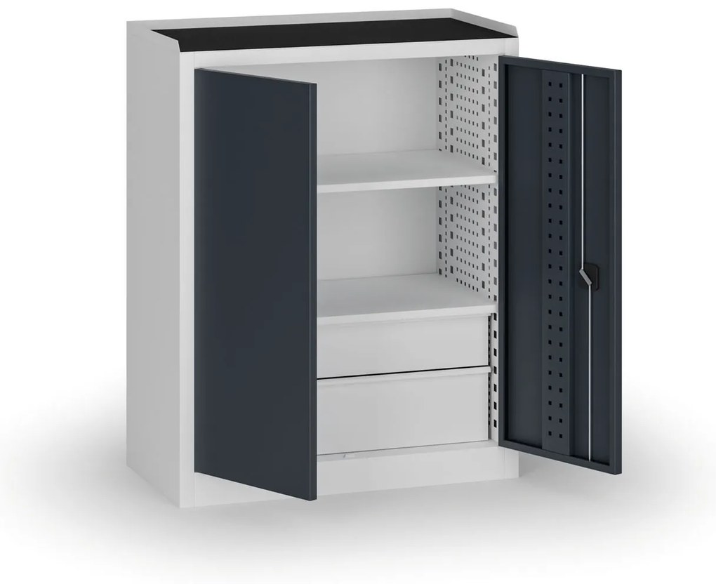 Szafa warsztatowa, 2 półki + 2 szuflady, 1180 × 950 × 500 mm, grafitowe drzwi
