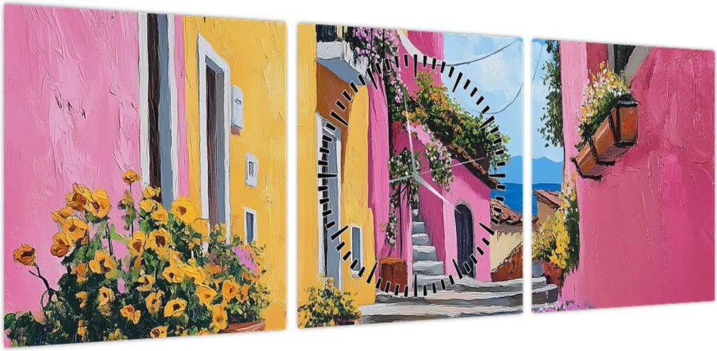 Obraz - Różowa uliczka (z zegarem) (90x30 cm)