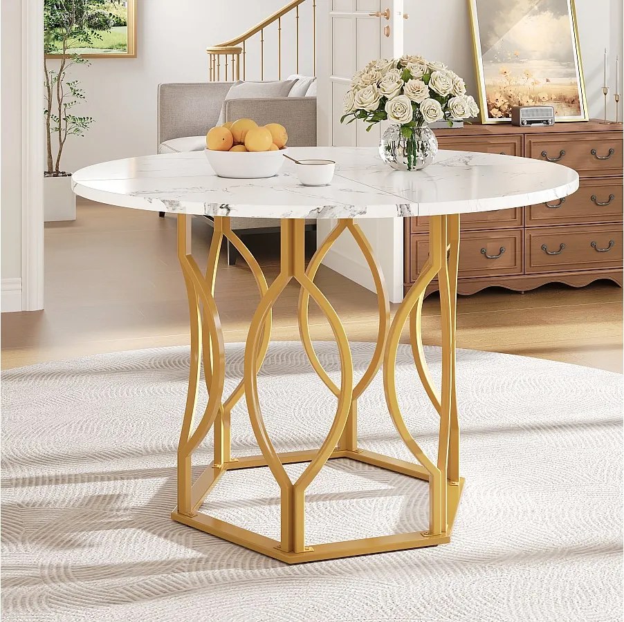 Stół jadalny 4-osobowy - 100 x 100 x 76cm - okrągły stół z nogami metalowymi w kolorze złotym - blat z płyty MDF marmurkowej - płyta MDF + metal - biały