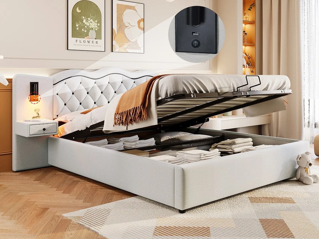 Nowoczesne łóżko z pojemnikiem 180 x 200 cm - 2 szafki nocne, 2 lampki nocne i USB - Tkanina lniana - Beż