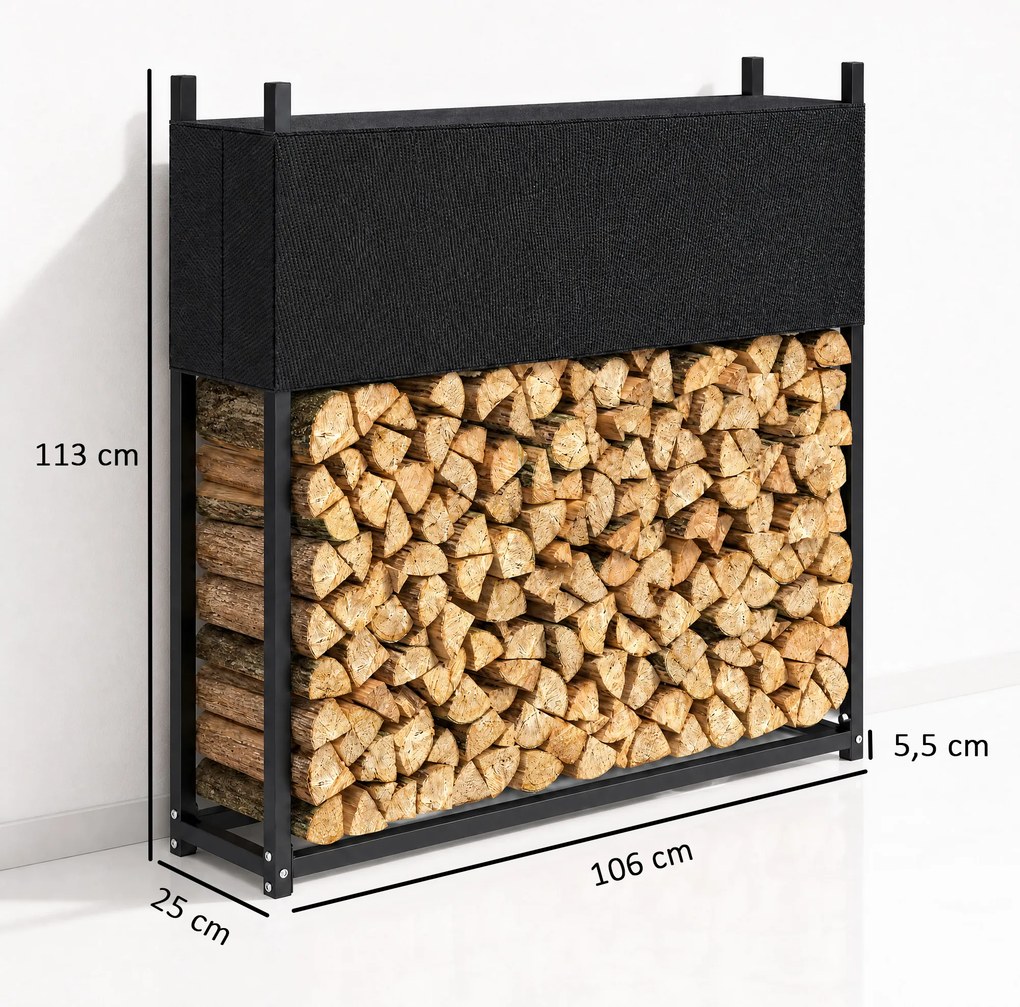 Outsunny Stojak na drewno 106 x 25 x 113 cm regał na drewno z pokrowcem 600D-Oxford rama stalowa do 250 kg Czarny | Aosom PL