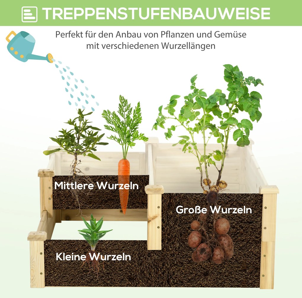 Outsunny Łóżko Ogrodowe 3-Stopniowe Drewniane Schodki na Rośliny Balkonowe Wysokie Łóżko Świerkowe | Aosom PL