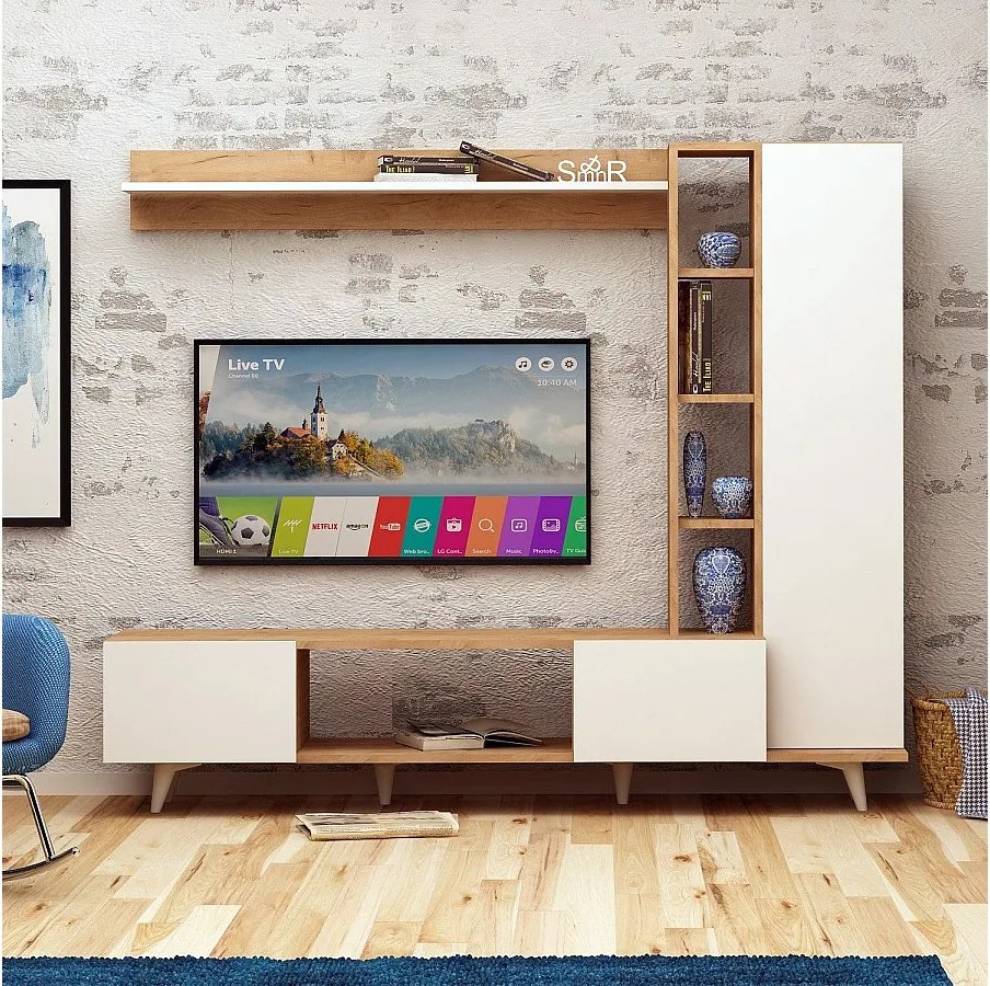Nowoczesna szafka pod telewizor – 170 x 37 x 37 cm – Dąb i biel – Melamina