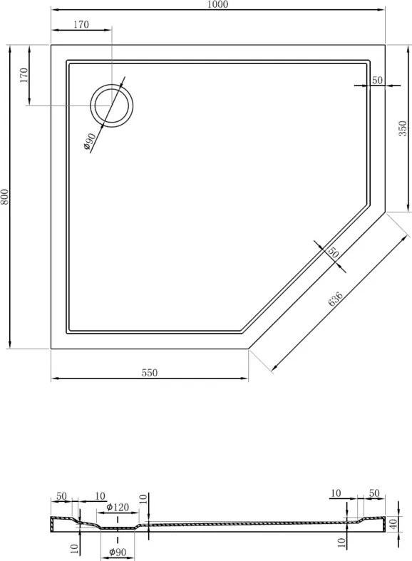 Mexen Flow brodzik pięciokątny slim lewy 100 x 80 cm, czarny mat - 46P708010L