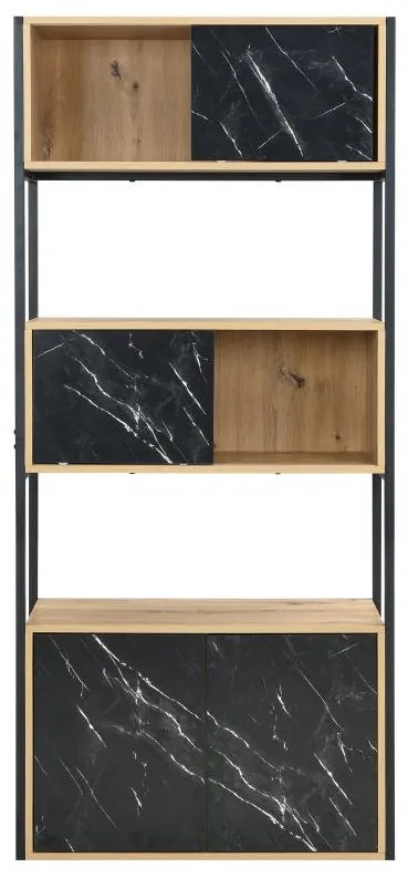 Biblioteczka z 4 drzwiczek i 2 wnękami z MDF i stali - Efekt czarnego marmuru i naturalny - YELANIA