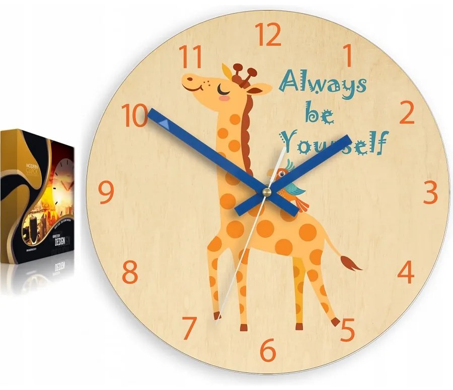 Zegar ścienny cichy do pokoju dziecięcego drewniany nowoczesny żyrafa