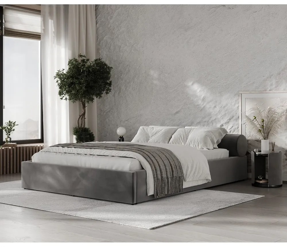 Ciemnoszare tapicerowane łóżko dwuosobowe ze schowkiem i stelażem 160x200 cm Solvo – Maison de Rêve