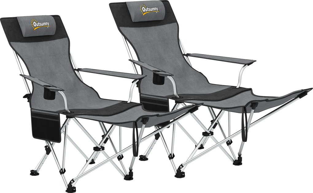 Outsunny Zestaw 2 krzeseł kempingowych składanych fotel wędkarski z odpinanym podnóżkiem uchwyt na napój nośność 120 kg Szary | Aosom PL