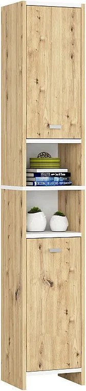 Słupek łazienkowy AKORD BETI Dąb Artisan, Biały 32 cm 2 drzwi 4 półki 32x28x180 cm