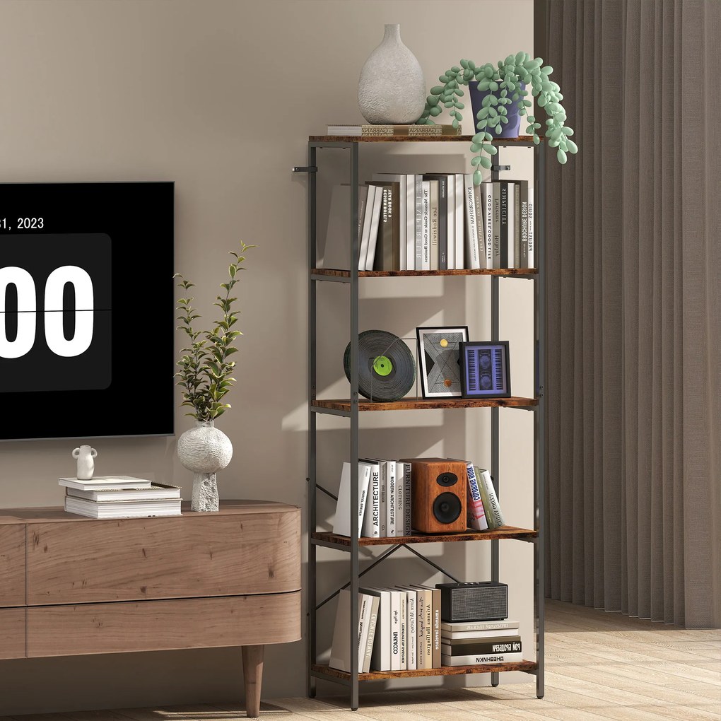 HOMCOM Regał na książki, 5 poziomów, metal, powierzchnia melaminowa, brązowy