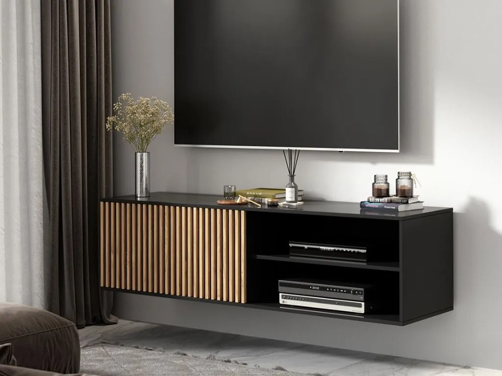 Szafka TV wisząca MEORATI 150x40 cm, czarna/dąb artisan