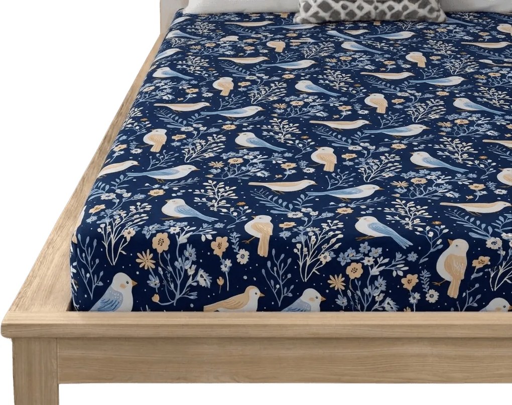 PrzytulneMieszkanie.pl Prześcieradło z mikrofibry DENIM BIRDS niebieskie 90x200 cm