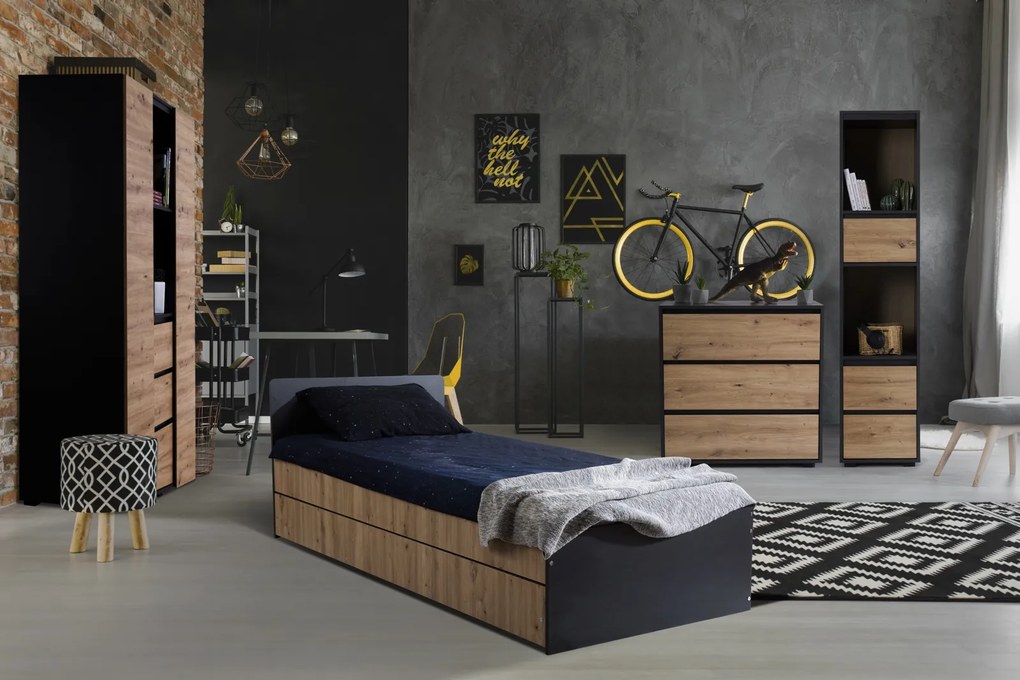 Łóżko młodzieżowe z szufladami Dalia 204x94, kolor antracyt/dąb