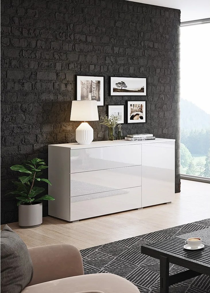 Komoda 110 cm do salonu – nowoczesna komoda z 3 szufladami i szafką, korpus biały mat i fronty biały połysk