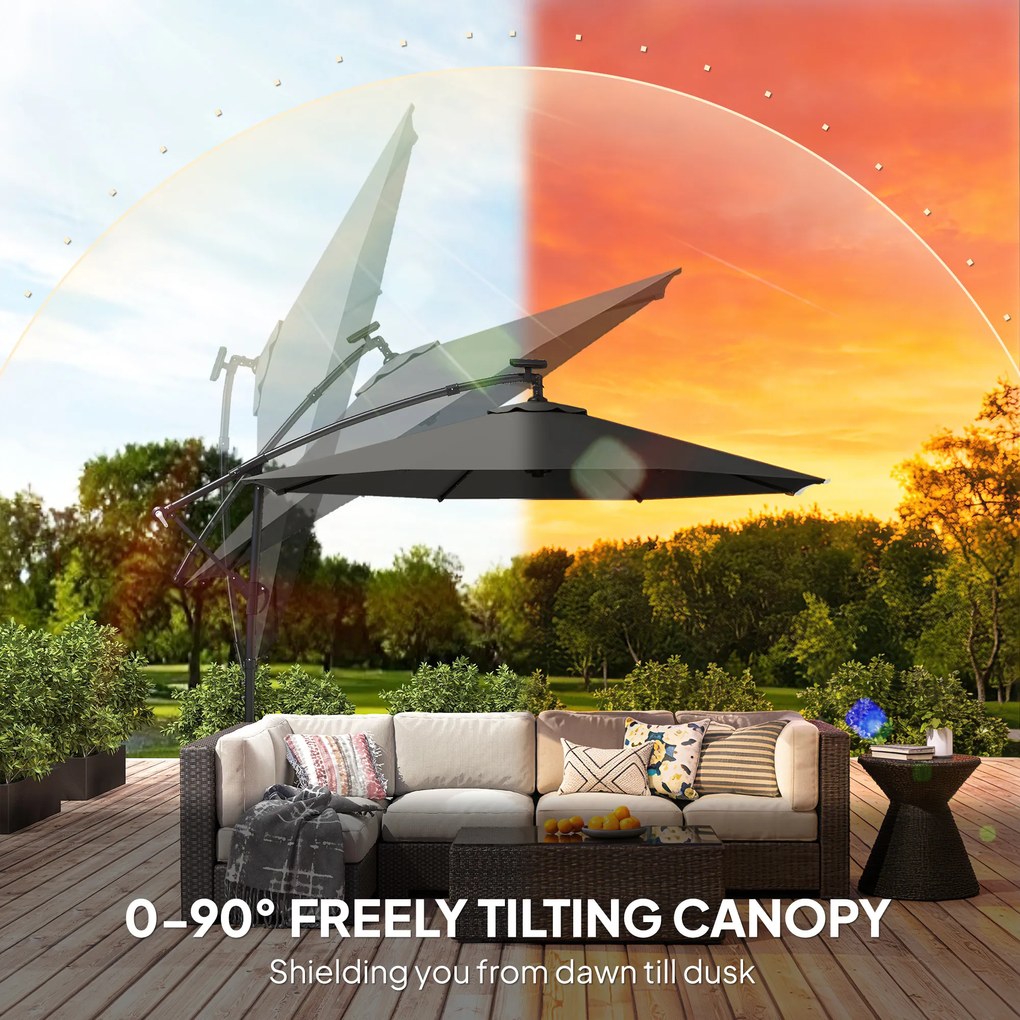 Outsunny Parasol ogrodowy LED Solar Ø300 cm, obrotowy z korbą, stojakiem i pokrowcem, ciemnoszary | Aosom PL