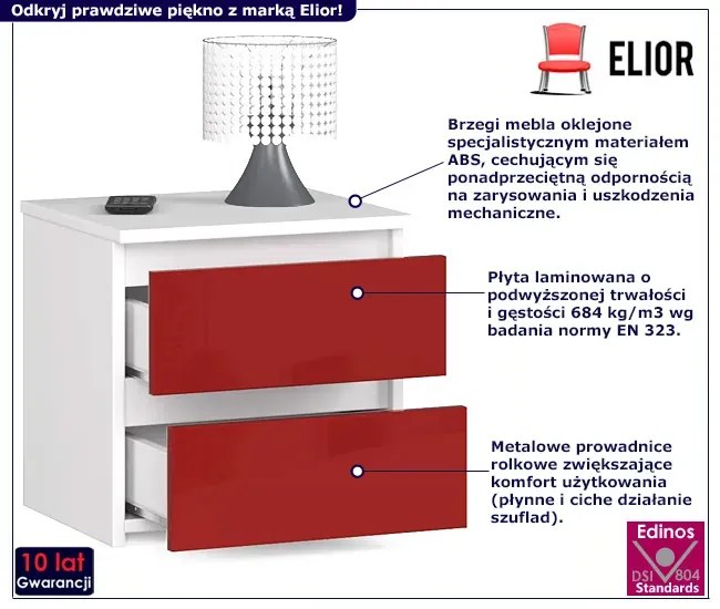 Nowoczesna szafka nocna z szufladami biały + czerwony połysk W5-R25