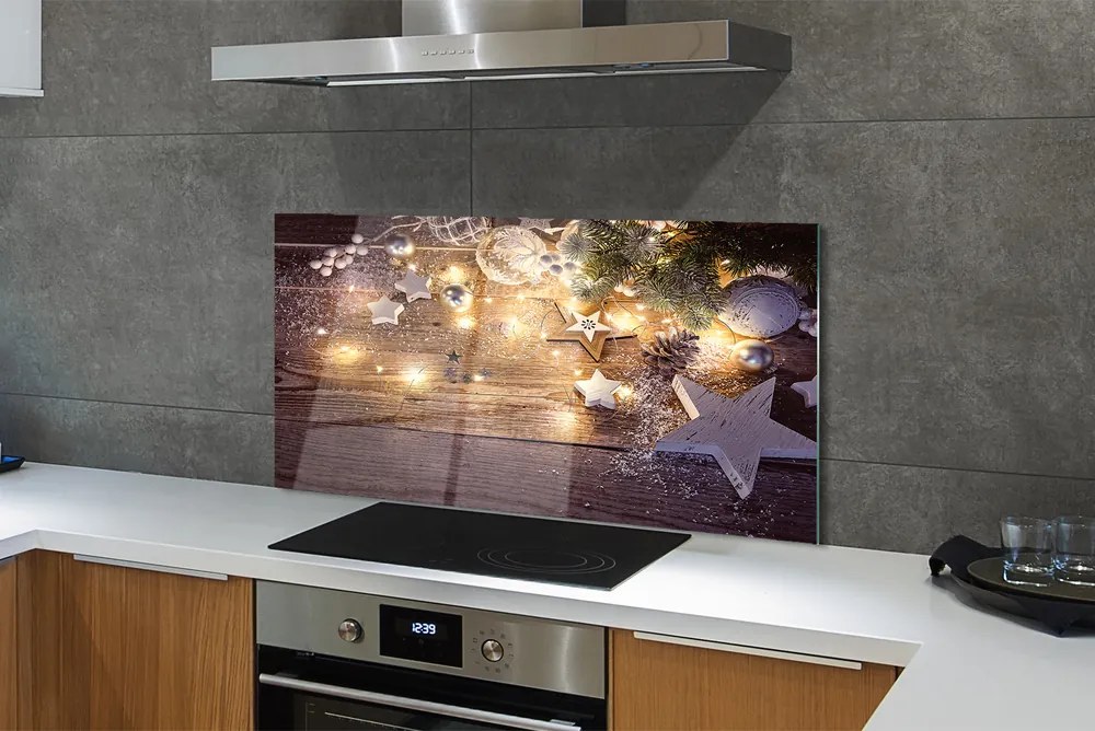 Panel szklany do Kuchni Świąteczny Blask Lampek i Szyszek