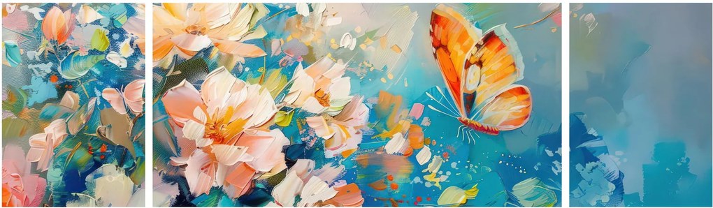 Obraz - Motyl i kwiaty, obraz olejny II. (170x50 cm)