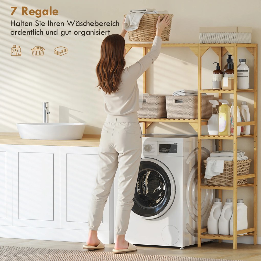 HOMCOM Regał nad pralką, wiele otwartych przegródek, do prania, akcesoriów, bambusowe drewno