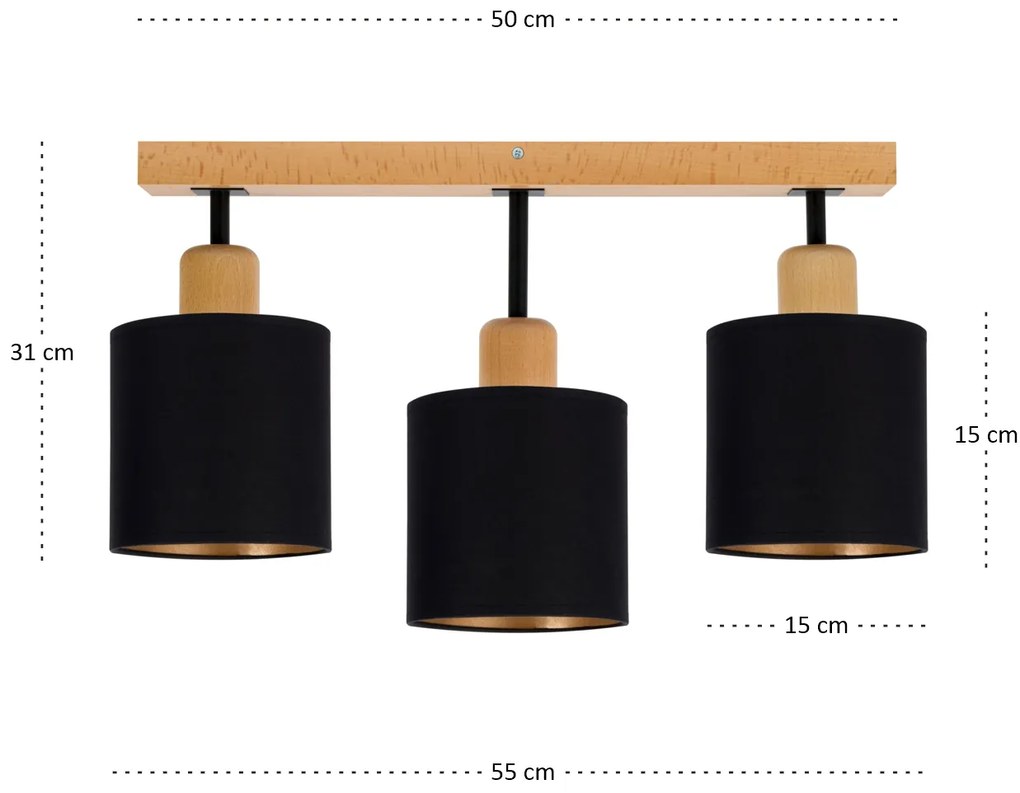 Czarna lampa sufitowa, trzypunktowy spot CL-DSC50x7BU-SC z drewna E27