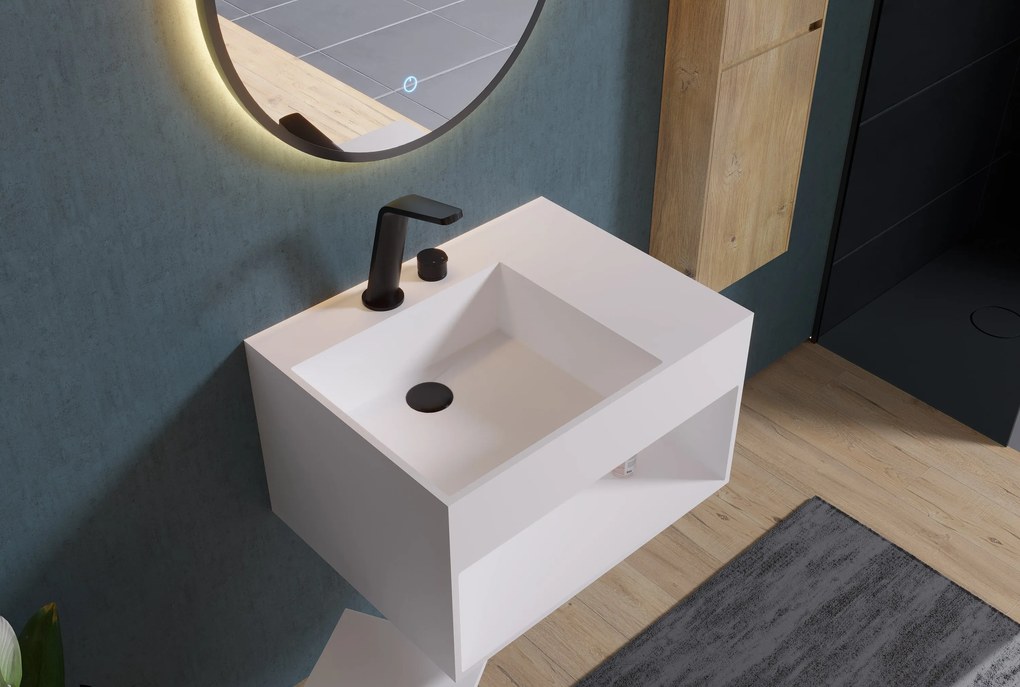 Umywalka ścienna PB2158 z odlewu mineralnegoBiały mat - z półką - 60 x 46 x 35 cm